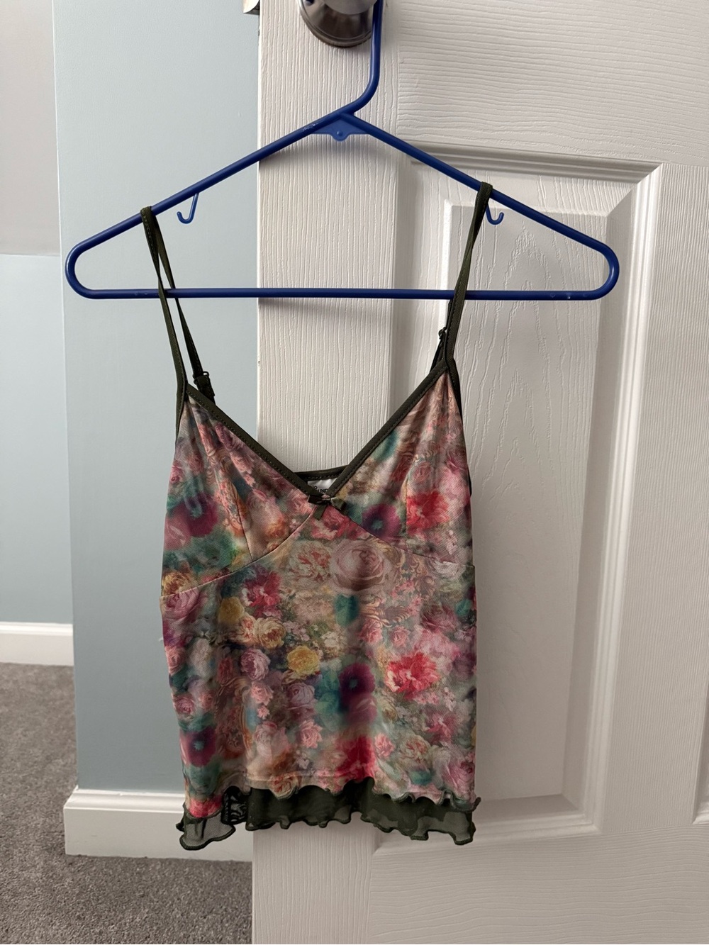 No Boundaries Multicolor Floral V-Neck Cami with Olive Trim